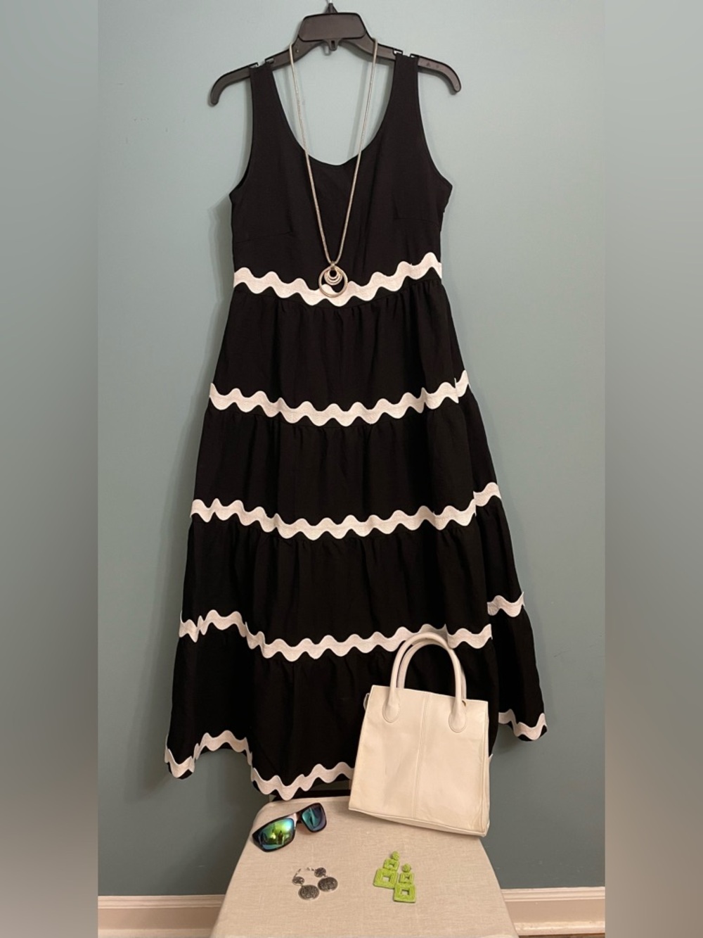 Sleeveless Black Maxi Dress with White Wave Trim